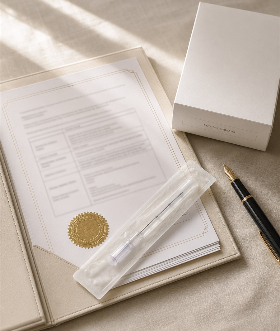 Certification dossier with a gold seal, a sterile-pouched absorbable thread and an unbranded product box